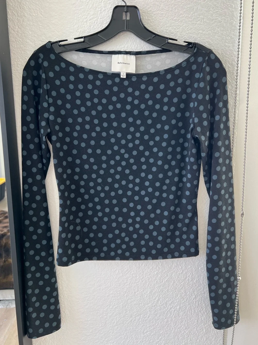 Reformation Wiley Knit Black Long-Sleeve Dot Top with  Blue Polka Dots - Size S